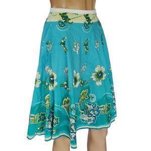 Floral A Line Skirt Women's Size 14 Blue Ombre Sequins Side Zipper 100% Cotton